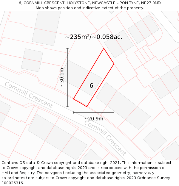 6, CORNMILL CRESCENT, HOLYSTONE, NEWCASTLE UPON TYNE, NE27 0ND: Plot and title map