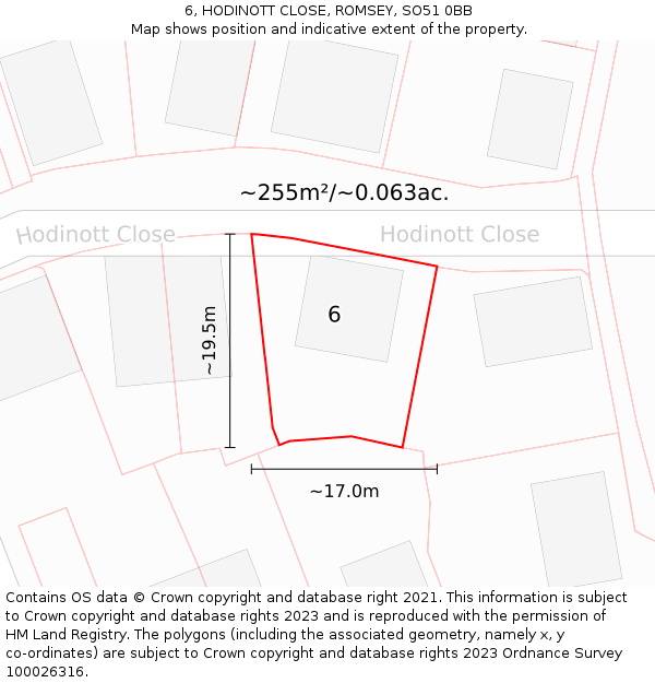 6, HODINOTT CLOSE, ROMSEY, SO51 0BB: Plot and title map