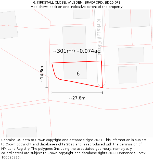 6, KIRKSTALL CLOSE, WILSDEN, BRADFORD, BD15 0FE: Plot and title map
