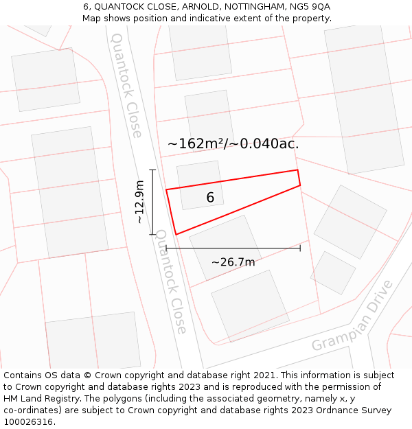 6, QUANTOCK CLOSE, ARNOLD, NOTTINGHAM, NG5 9QA: Plot and title map