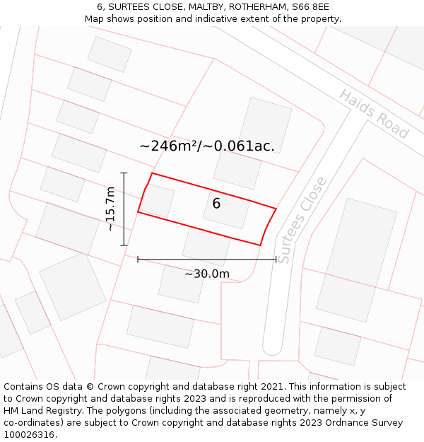 6, SURTEES CLOSE, MALTBY, ROTHERHAM, S66 8EE: Plot and title map