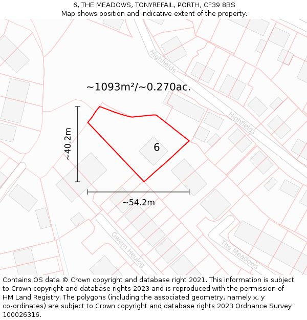 6, THE MEADOWS, TONYREFAIL, PORTH, CF39 8BS: Plot and title map