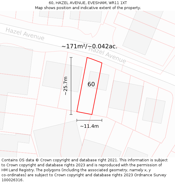 60, HAZEL AVENUE, EVESHAM, WR11 1XT: Plot and title map