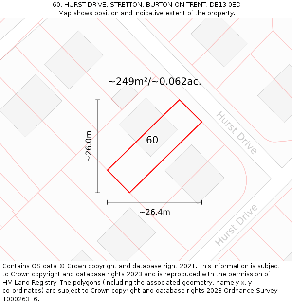 60, HURST DRIVE, STRETTON, BURTON-ON-TRENT, DE13 0ED: Plot and title map
