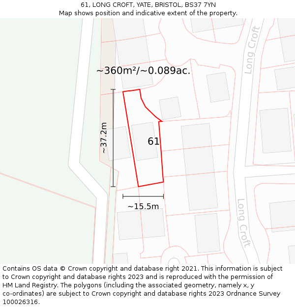 61, LONG CROFT, YATE, BRISTOL, BS37 7YN: Plot and title map