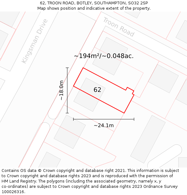 62, TROON ROAD, BOTLEY, SOUTHAMPTON, SO32 2SP: Plot and title map