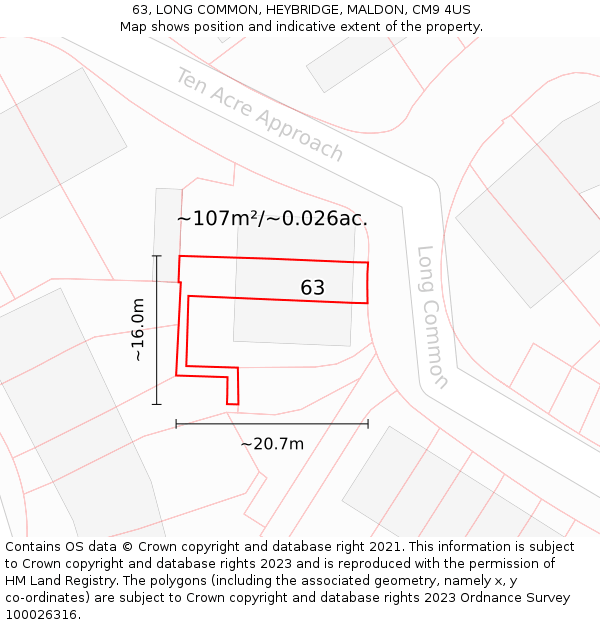 63, LONG COMMON, HEYBRIDGE, MALDON, CM9 4US: Plot and title map