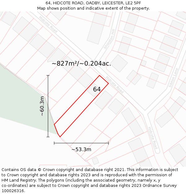 64, HIDCOTE ROAD, OADBY, LEICESTER, LE2 5PF: Plot and title map