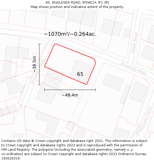 65, ANGLESEA ROAD, IPSWICH, IP1 3PJ: Plot and title map