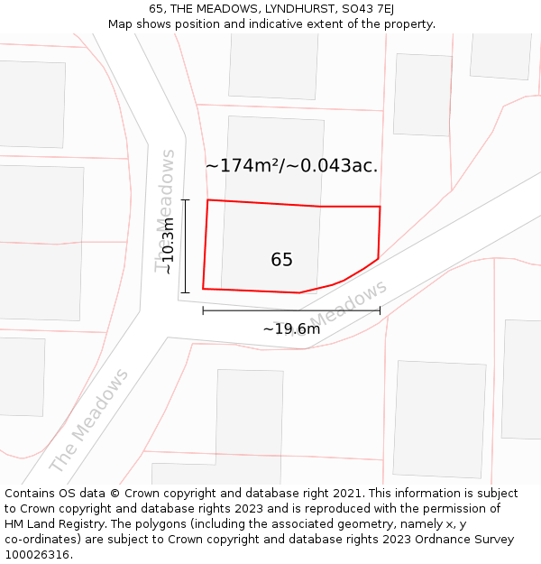 65, THE MEADOWS, LYNDHURST, SO43 7EJ: Plot and title map