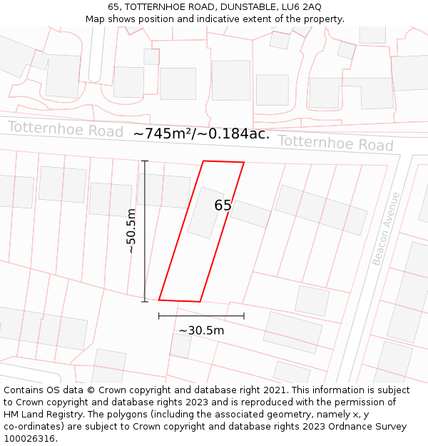 65, TOTTERNHOE ROAD, DUNSTABLE, LU6 2AQ: Plot and title map