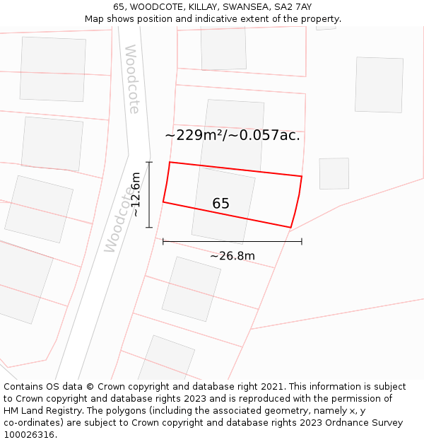 65, WOODCOTE, KILLAY, SWANSEA, SA2 7AY: Plot and title map