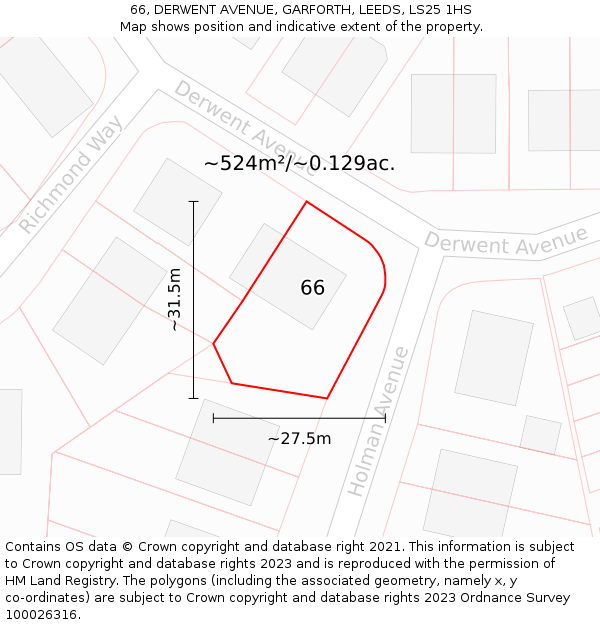 66, DERWENT AVENUE, GARFORTH, LEEDS, LS25 1HS: Plot and title map