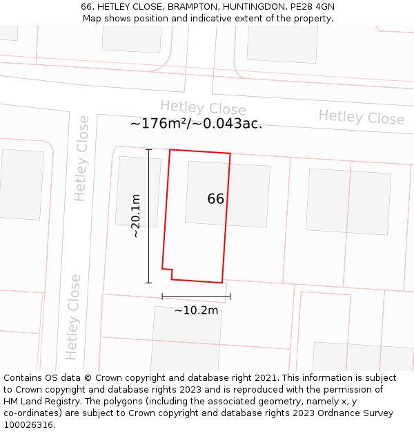 66, HETLEY CLOSE, BRAMPTON, HUNTINGDON, PE28 4GN: Plot and title map