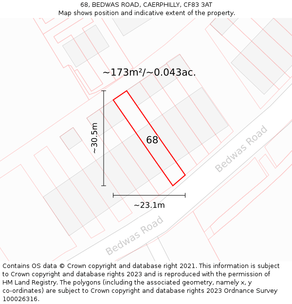 68, BEDWAS ROAD, CAERPHILLY, CF83 3AT: Plot and title map