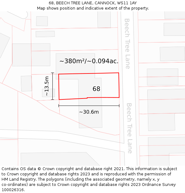 68, BEECH TREE LANE, CANNOCK, WS11 1AY: Plot and title map
