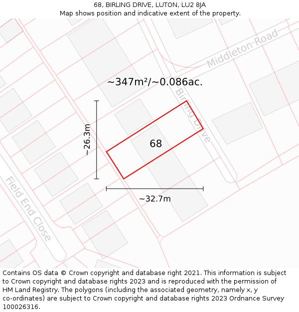 68, BIRLING DRIVE, LUTON, LU2 8JA: Plot and title map