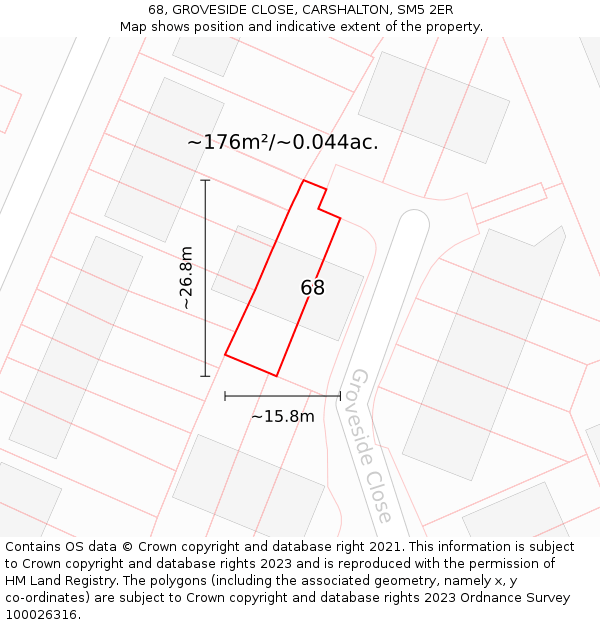 68, GROVESIDE CLOSE, CARSHALTON, SM5 2ER: Plot and title map