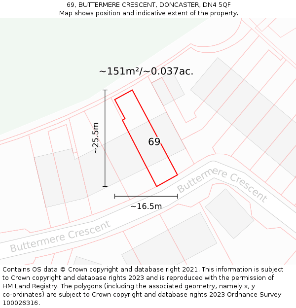 69, BUTTERMERE CRESCENT, DONCASTER, DN4 5QF: Plot and title map