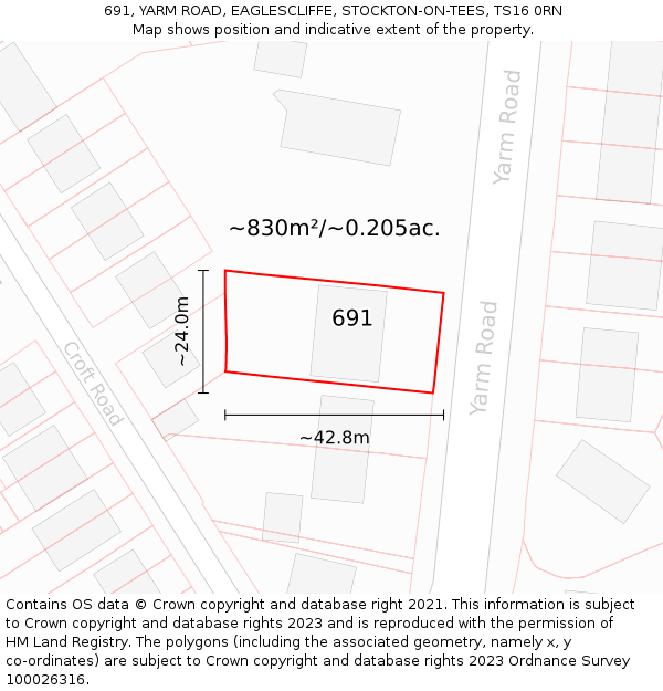 691, YARM ROAD, EAGLESCLIFFE, STOCKTON-ON-TEES, TS16 0RN: Plot and title map