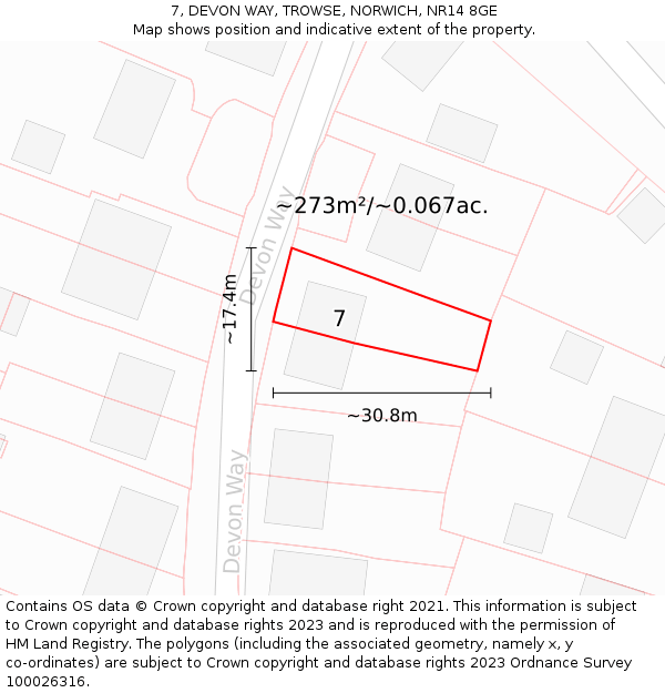 7, DEVON WAY, TROWSE, NORWICH, NR14 8GE: Plot and title map