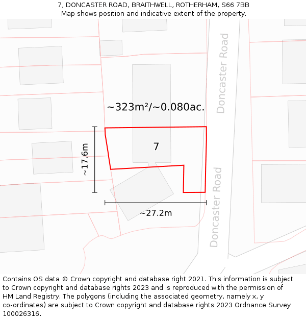 7, DONCASTER ROAD, BRAITHWELL, ROTHERHAM, S66 7BB: Plot and title map