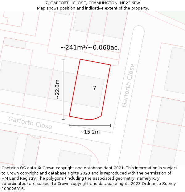 7, GARFORTH CLOSE, CRAMLINGTON, NE23 6EW: Plot and title map