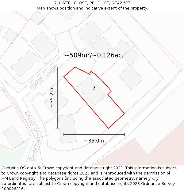 7, HAZEL CLOSE, PRUDHOE, NE42 5PT: Plot and title map