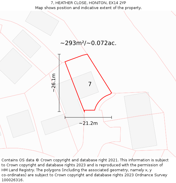 7, HEATHER CLOSE, HONITON, EX14 2YP: Plot and title map