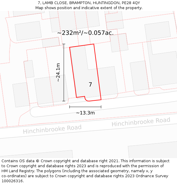 7, LAMB CLOSE, BRAMPTON, HUNTINGDON, PE28 4QY: Plot and title map