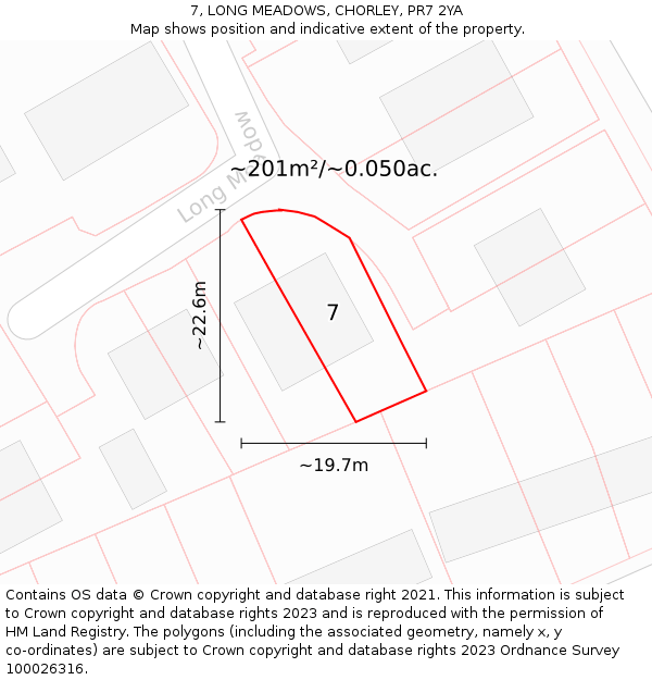 7, LONG MEADOWS, CHORLEY, PR7 2YA: Plot and title map