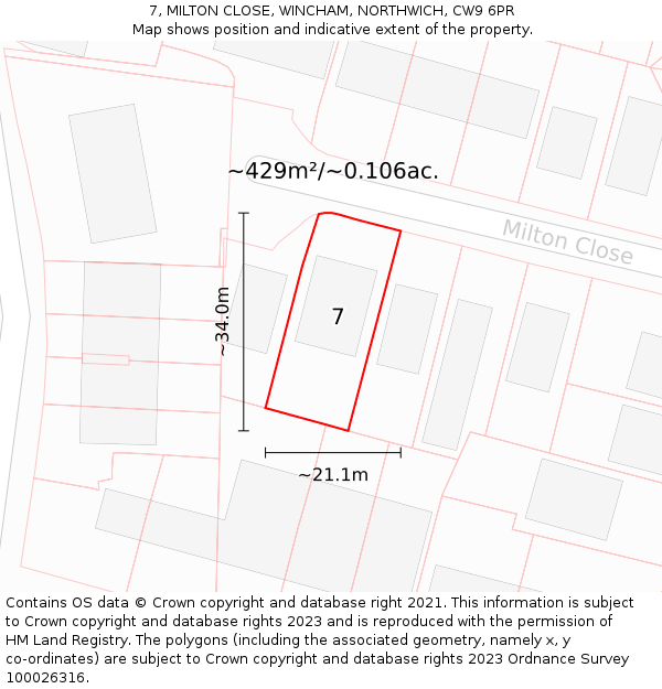 7, MILTON CLOSE, WINCHAM, NORTHWICH, CW9 6PR: Plot and title map