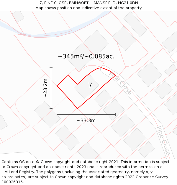 7, PINE CLOSE, RAINWORTH, MANSFIELD, NG21 0DN: Plot and title map