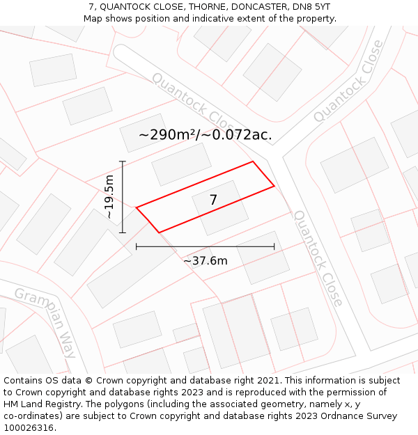 7, QUANTOCK CLOSE, THORNE, DONCASTER, DN8 5YT: Plot and title map