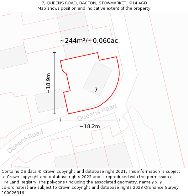 7, QUEENS ROAD, BACTON, STOWMARKET, IP14 4GB: Plot and title map