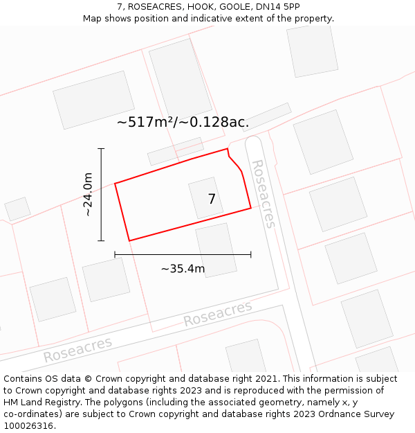 7, ROSEACRES, HOOK, GOOLE, DN14 5PP: Plot and title map