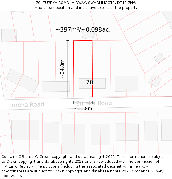 70, EUREKA ROAD, MIDWAY, SWADLINCOTE, DE11 7NW: Plot and title map