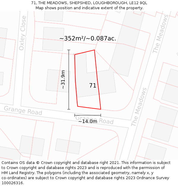 71, THE MEADOWS, SHEPSHED, LOUGHBOROUGH, LE12 9QL: Plot and title map