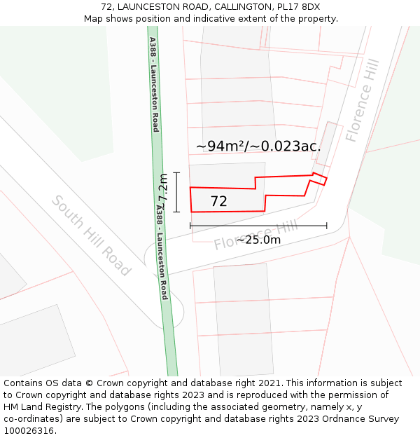 72, LAUNCESTON ROAD, CALLINGTON, PL17 8DX: Plot and title map