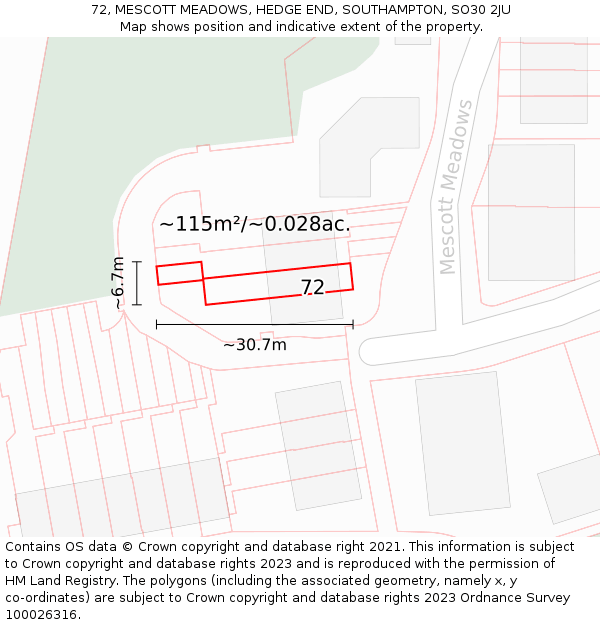 72, MESCOTT MEADOWS, HEDGE END, SOUTHAMPTON, SO30 2JU: Plot and title map