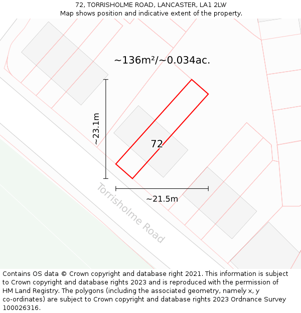 72, TORRISHOLME ROAD, LANCASTER, LA1 2LW: Plot and title map