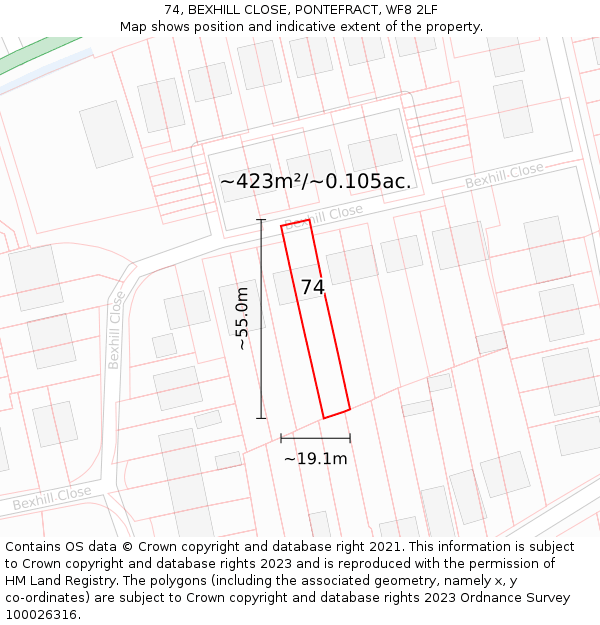 74, BEXHILL CLOSE, PONTEFRACT, WF8 2LF: Plot and title map