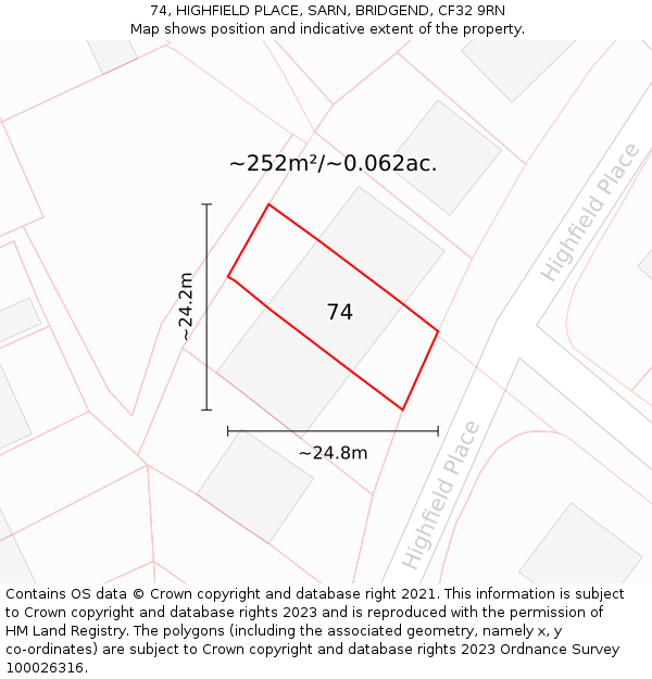 74, HIGHFIELD PLACE, SARN, BRIDGEND, CF32 9RN: Plot and title map