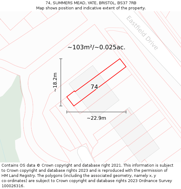 74, SUMMERS MEAD, YATE, BRISTOL, BS37 7RB: Plot and title map