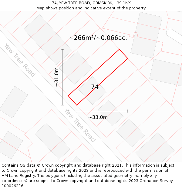 74, YEW TREE ROAD, ORMSKIRK, L39 1NX: Plot and title map
