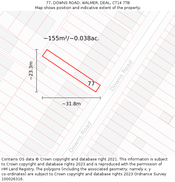 77, DOWNS ROAD, WALMER, DEAL, CT14 7TB: Plot and title map