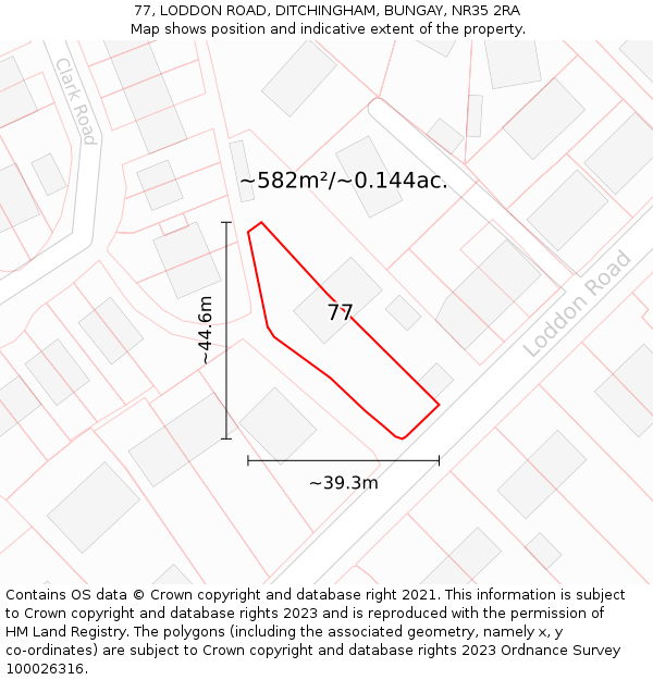77, LODDON ROAD, DITCHINGHAM, BUNGAY, NR35 2RA: Plot and title map