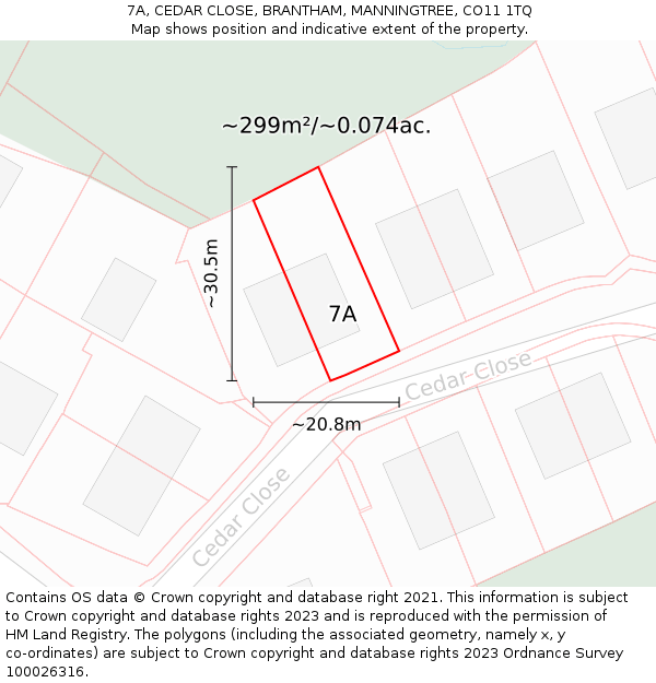 7A, CEDAR CLOSE, BRANTHAM, MANNINGTREE, CO11 1TQ: Plot and title map