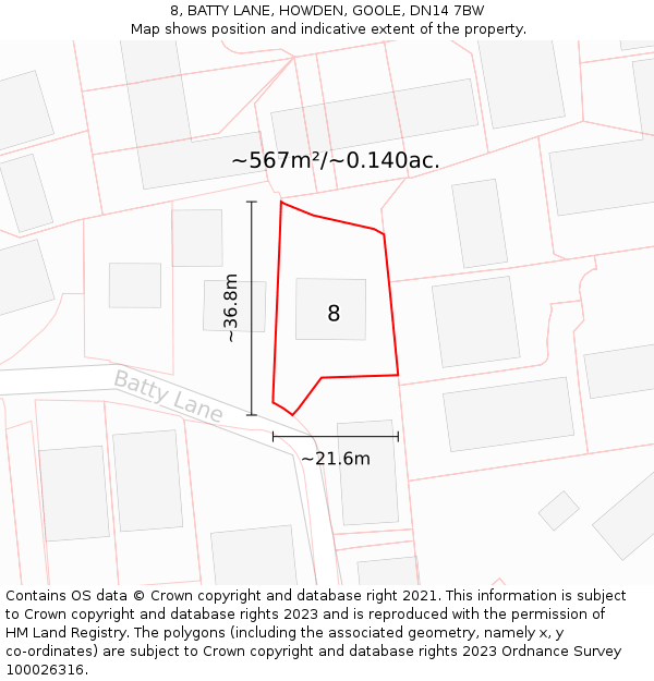 8, BATTY LANE, HOWDEN, GOOLE, DN14 7BW: Plot and title map