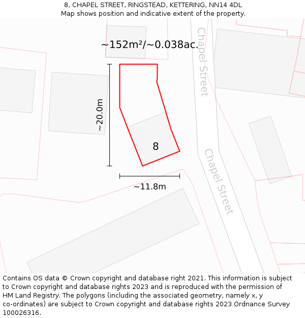 8, CHAPEL STREET, RINGSTEAD, KETTERING, NN14 4DL: Plot and title map